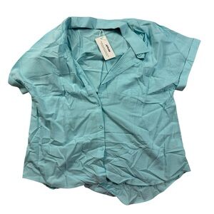 APRAW 100% Cotton Button Down Shirt Top Aqua Blue Short Sleeve Size Large NWT